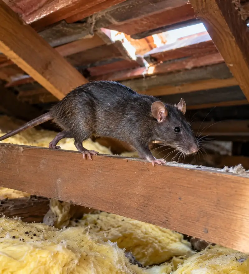 Black rat on a timber roof beam