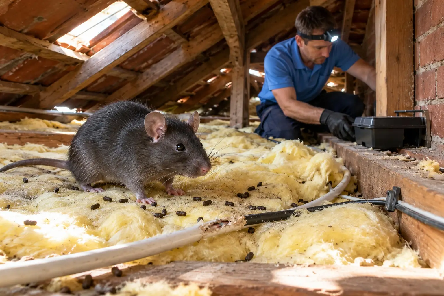 Rat on roof insulation beside droppings while a technician places a locked bait station in the roof space