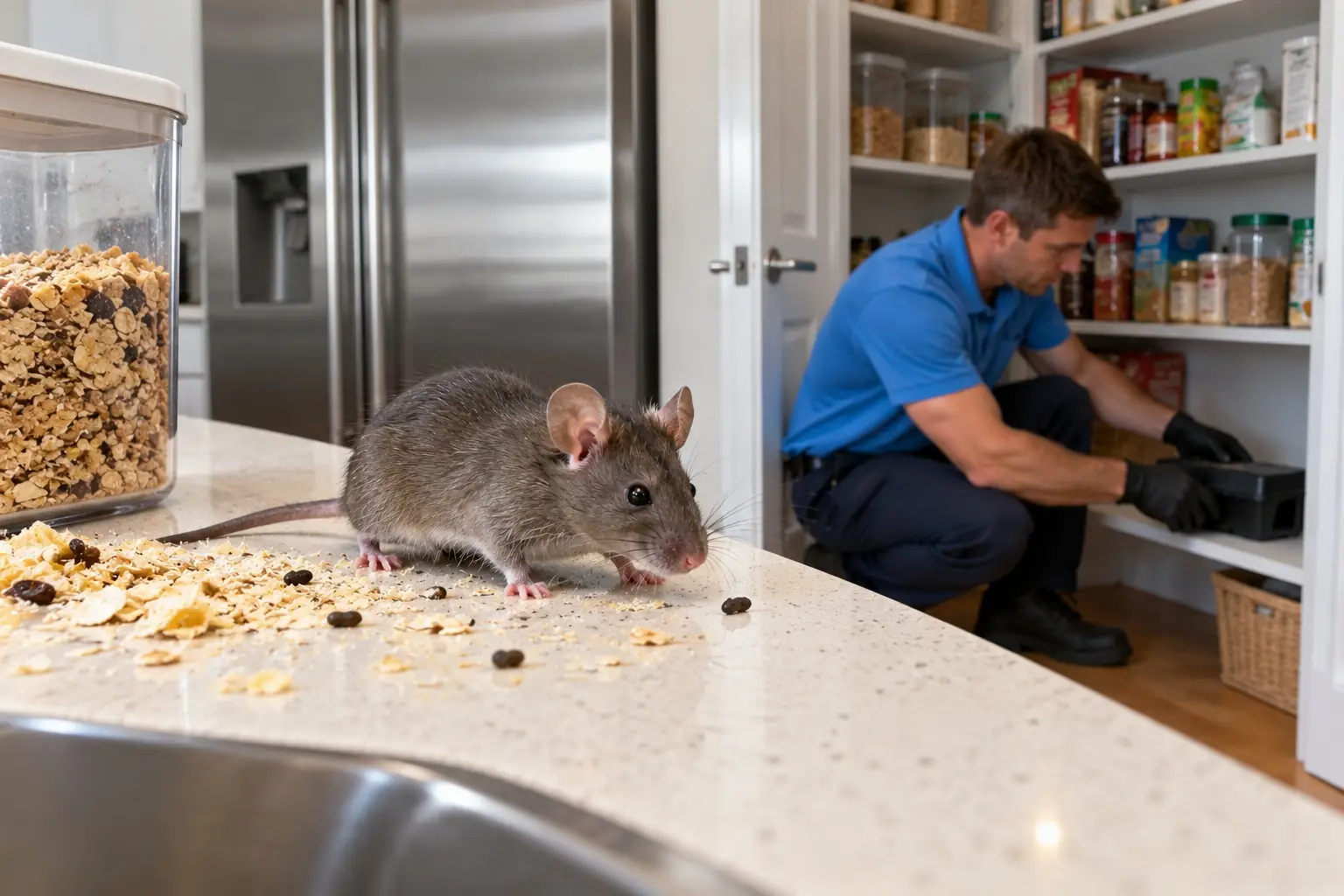 House mouse on a kitchen bench beside crumbs while a technician fits a mouse station in the pantry