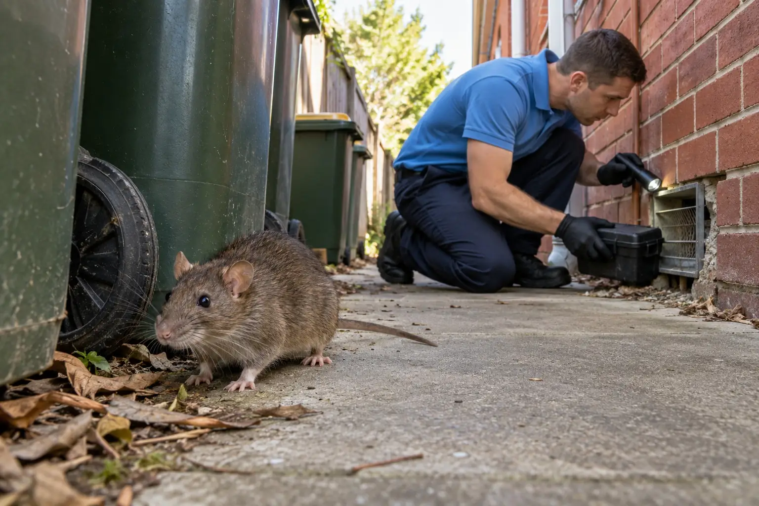 Rat beside the bins in a side passage while a technician checks a broken sub floor vent with a torch