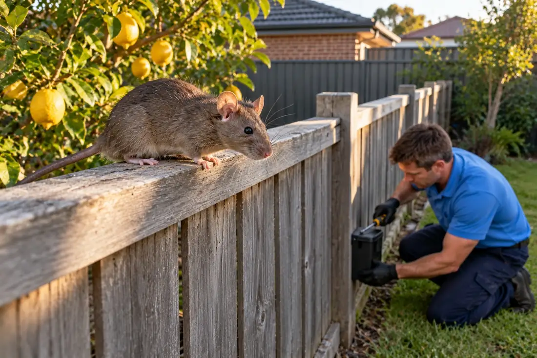 Brown rat on a backyard fence while a technician fixes a locked bait station at the fence base