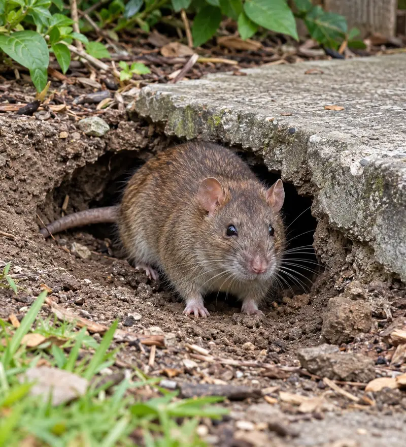 Brown rat at its burrow beside a garden path
